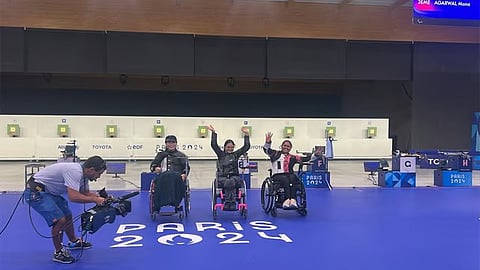 Indian shooters Avani Lekhara and Mona Agarwal at the podium for the Women’s 10m Air Rifle Standing SH1 event at the Paris Paralympics 2024.